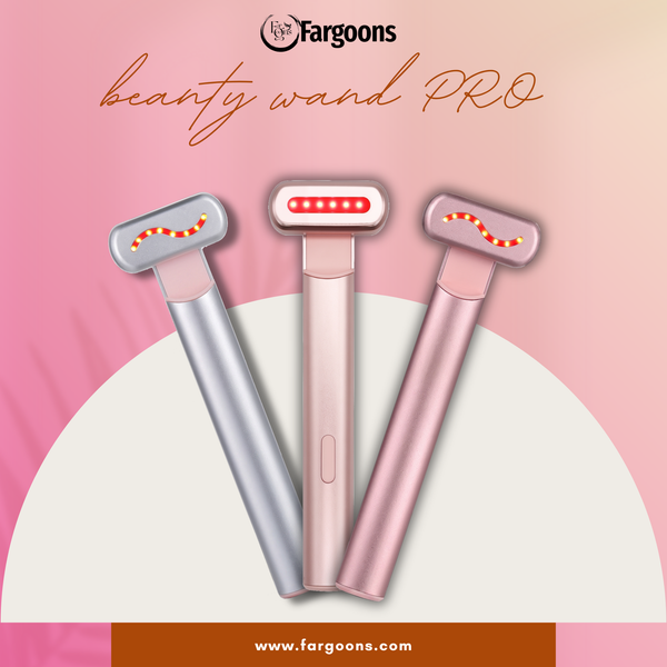 Three Fargoons Beauty Wand PRO devices in silver, rose gold, and pink, arranged in a fan shape against a pink and white background with the Fargoons brand logo and name at the top.